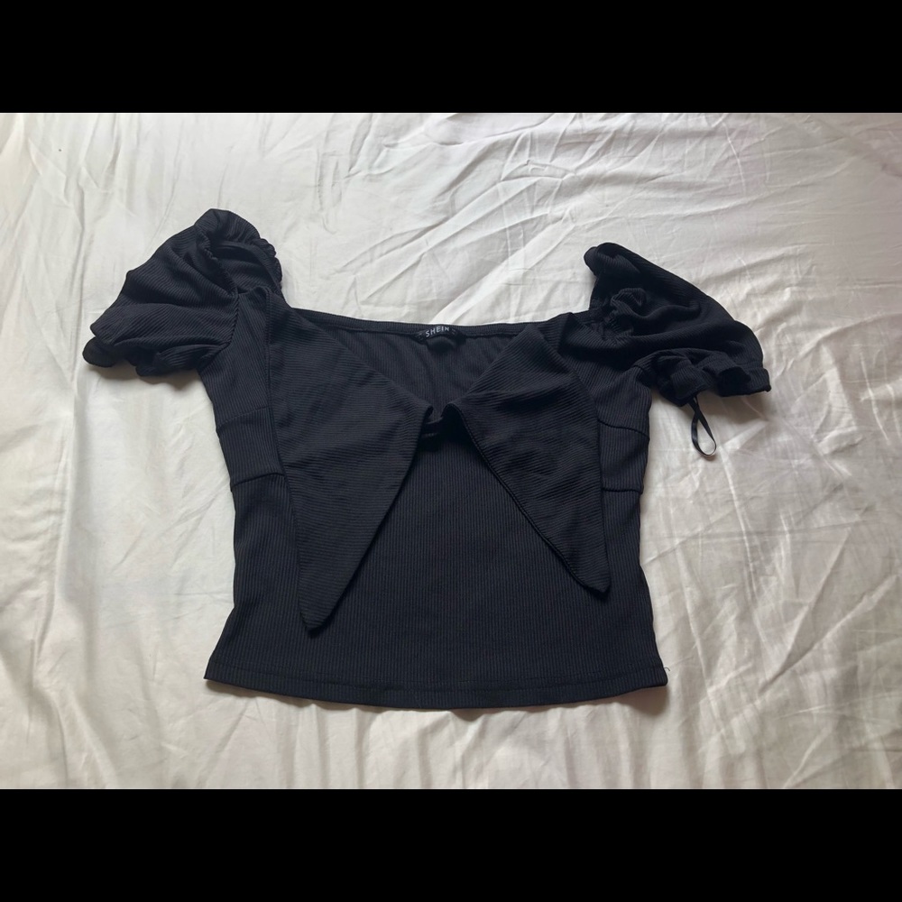 Tie Front Ruched Puff Sleeve Crop Top Size Small